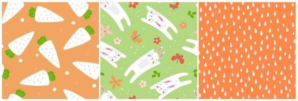 A set of seamless pattern with hares, flowers and carrots, hearts. Summer print with funny jumping rabbits. Vector graphics.