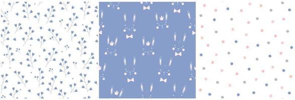 Seamless pattern with bunnies. Funny cute baby print with silhouettes of rabbits, branches, hearts, simple circles. Vector graphics.