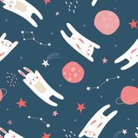 Seamless pattern with a cute baby print with hares in space. Sleeping rabbits fly in the sky with stars and planets. Vector graphics.