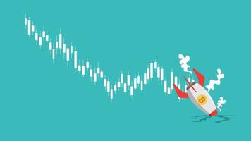 accidente de cohete bitcoin en la tierra. el precio de bitcoin cae causando una enorme ilustración de vector de concepto perdido