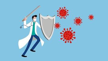 Male doctor wearing medical mask with shield and sword facing virus particles vector cartoon illustration