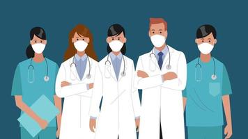 Medical staff of doctors and nurses wearing protective masks. Medical team concept vector flat cartoon illustration