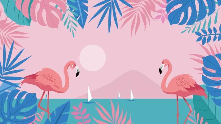 Summer concept background with flamingo and natural leaf vector illustration
