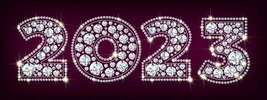 New Year 2023 luxurious numbers of diamond gemstones sparkling against a background of falling silver-colored confetti. Red background, vector illustration.