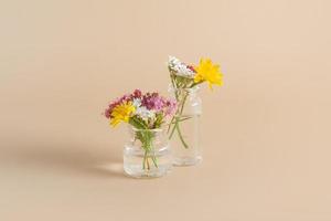 Miniature glass bottles with wildflowers on a biege background. Minimal concept summer, spring photo