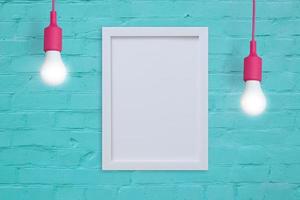 Mock-up frame on a turquoise brick wall with light bulbs. Insert your text or image photo