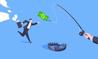 Fishing money chase business concept with businessman running after dangling dollar and trying to catch it. vector