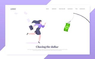 Money chase business concept with businesswoman running after dangling dollar.