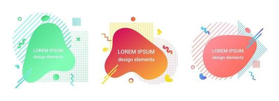 3 Modern liquid abstract element graphic gradient flat style design fluid vector colorful illustration set banner simple shape template for logo, presentation, flyer, isolated on white background.