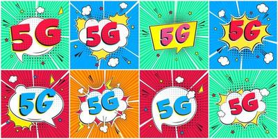5G new wireless internet wifi connection comic style speech bubble exclamation text 5g flat style design vector illustration isolated on rays background set. New mobile internet sign icon.