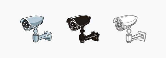 CCTV camera icons set with fancy design - colored, silhouette, line icon vector illustrations isolated on white