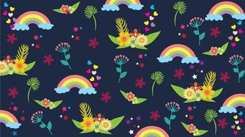 Flower seamless pattern design for background, wallpaper, wrapping paper, backdrop, fabric. Wrapping paper with flowers, love, stars, rainbow elements and dark blue color background. vector