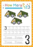 Numbers tracing template by counting vehicle vector