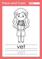 Trace and Color worksheets with occupation words vector