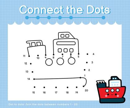 Connect the dots counting numbers 1 to 20 puzzle worksheet with Transportation vector