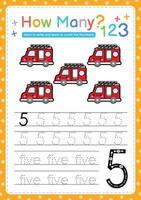 Numbers tracing template by counting vehicle vector