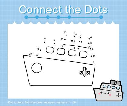 Connect the dots counting numbers 1 to 20 puzzle worksheet with Transportation vector