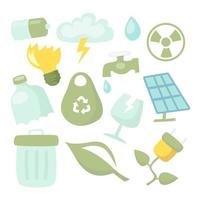 Respetuoso con el medio ambiente, ahorra energía, símbolo renovable del medio ambiente, imagen prediseñada con coche verde, bolsa de papel, bombilla y molino. vector