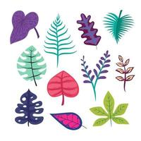 Set of Purple Blue Bold Foliage Bright Leaves Vivid Contrast Tropical plant Flower Palm sticker bundle elements isolated background for wedding invitation or decoration,