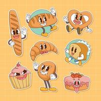 Hippie Retro Cute Line Art Happy Bakery Baking Cake stickers, groovy set bundle elements. Cute vintage icons Sticker Label in 70s, 80s, 90s style. Flat vector illustration, design templates.