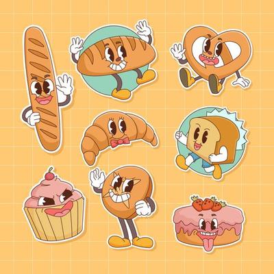 Hippie Retro Cute Line Art Happy Bakery Baking Cake stickers, groovy set bundle elements. Cute vintage icons Sticker Label in 70s, 80s, 90s style. Flat vector illustration, design templates.