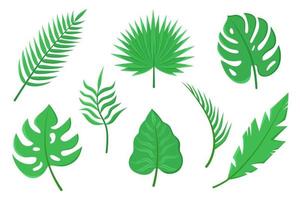 Vector set of different green tropical leaves isolated on white background.