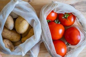 Colorful fresh fruits vegetables and eggs  in eco friendly bags photo