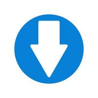 Down direction blue arrow in round industrial sign, navigation label vector