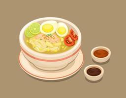 soto ayam también conocido como sopa de pollo comida tradicional de indonesia. comida sabrosa servida en un tazón con vector de ilustración de dibujos animados de salsa