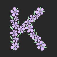 Floral botanical alphabet. Vintage hand drawn monogram letter K. Letter with plants and flowers. Vector lettering isolated on white