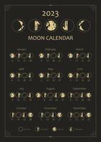 calendario lunar 2023. diseño de calendario astrológico. ciclo de fases lunares. diseño de plantilla de afiche de calendario lunar boho moderno. Calendario y ciclos de las fases lunares. ilustración vectorial de la vendimia. editable a3, a4, a5 vector