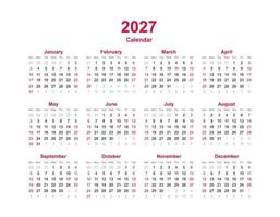 Calendar year template 2027. Set of twelve month calendar. vector