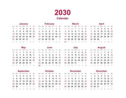 Calendar year template 2030. Set of twelve month calendar. vector