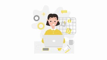 Home office concept animation. Young woman working from home Freelance work concept. Alpha channel added.