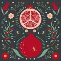 Pomegranate, on a dark background with floral elements, flowers, leaves and yellow beetles. vector