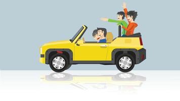 conducción coche color amarillo fuera de la carretera techo abierto. viaje familiar con los padres sentados al frente mientras los niños se sientan atrás con las manos felices. la imagen de fondo tiene forma de reflejo. vector
