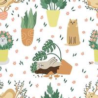 Funny cats and houseplants  seamless pattern on white. Hand drawn flat vector illustration. Potted plants and pets. Great for fabrics, wrapping papers, wallpapers, covers.