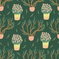 Blooming houseplants seamless pattern on dark green. Hand drawn flat vector illustration. Potted plants in garden. Great for fabrics, wrapping papers, wallpapers, covers.