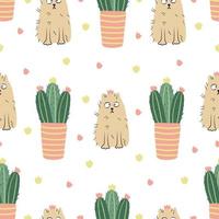 Funny cats and blooming cactuses seamless pattern on white. Hand drawn flat vector illustration. Potted plants and pets. Great for fabrics, wrapping papers, wallpapers, covers