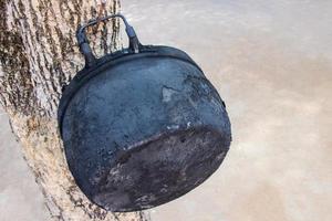 Old black pot at through the use of cooking for a long time hang on tree. photo