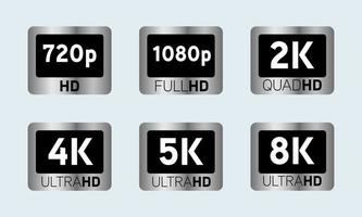 Video or screen resolution icons, white numbers with HD, Full HD, QHD, UHD, 2K, 4K, 5K, 8K text in silver rectangle. vector