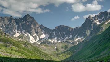 8k gletsjervallei en alpenweide voor rotsachtige bergtoppen video