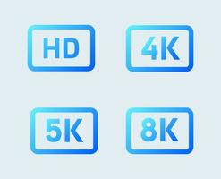 iconos de resolución de video o pantalla hd, 4k, 5k, 8k. signo de resolución de gradiente. vector