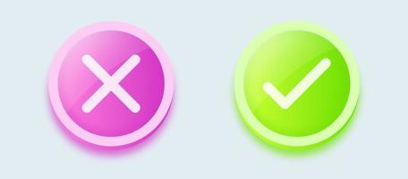 Set of check mark and cross mark button in green and red color for web and app interface. Vector illustration.