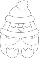 lindo pingüino de dibujos animados con sombrero y bufanda en blanco y negro vector