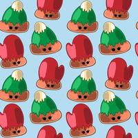 Seamless vector pattern with cute cartoon mitten and hat