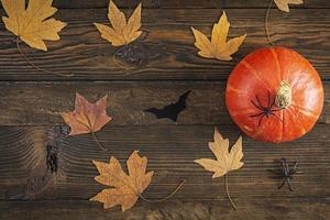 Helloween concept. Autumn composition with leaves and mini pumpkins. Top view photo