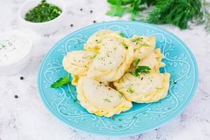 Delicious dumplings with cabbage on white background photo