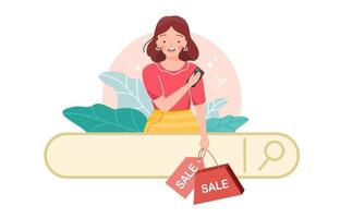 SEO, Search Engine Optimization, young girl shopping online with on sale item using mobile app, customer search and buy, e-commerce concept. Search bar with price tag, bag. Flat vector illustration.