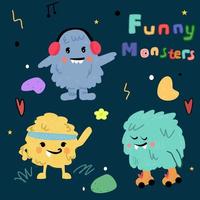 set of cute monsters in cartoon style with doodles. Monsters for children's clothing, listen to music, play sports, roller skating vector